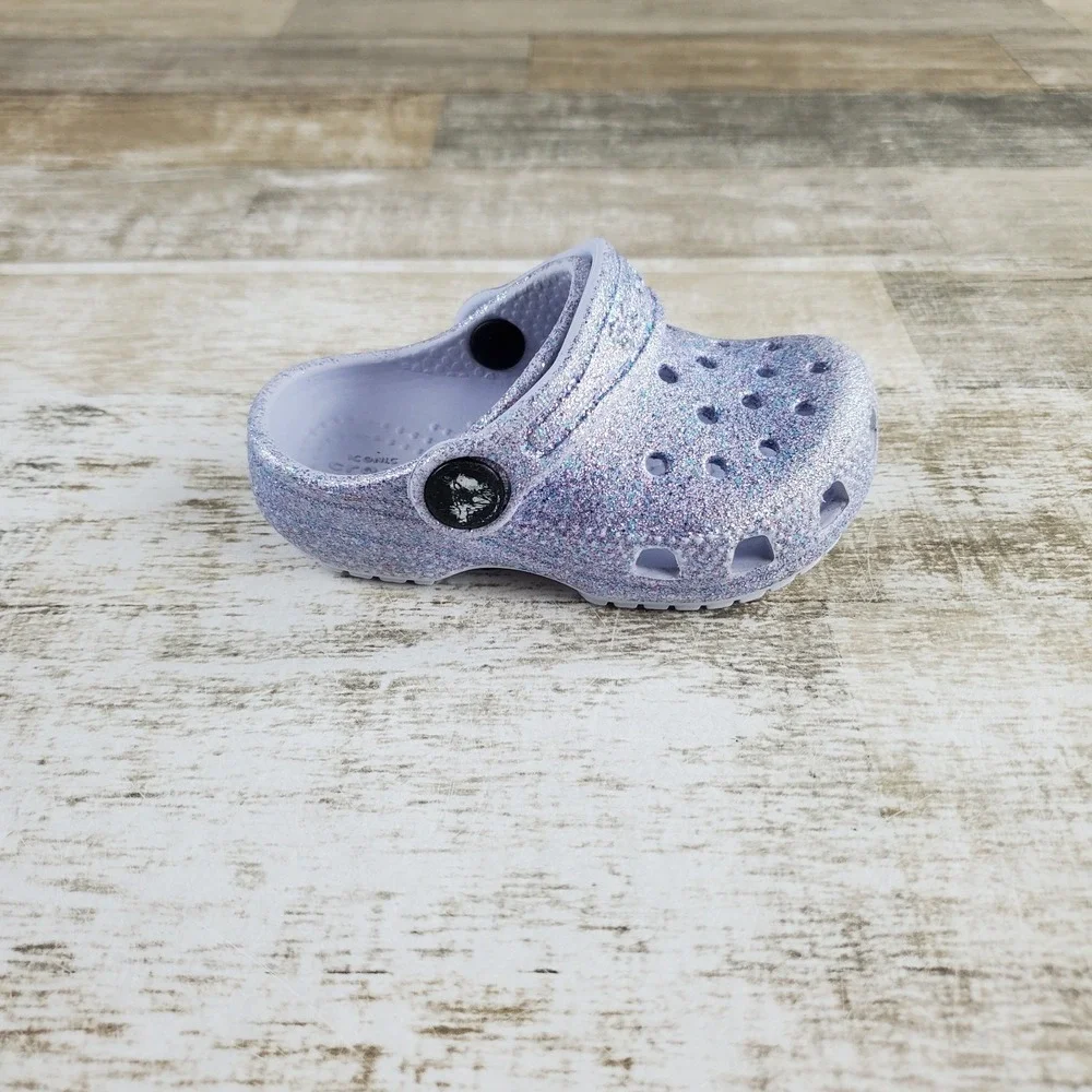 Crocs Classic Girl Clog Sandal Sz C5 5 Blue Glitter Slip On Round Toe Waterproof